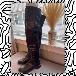 Over the knee black croc boots with gold detail